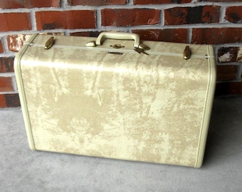 SUPER NICE Vintage 21" SAMSONITE Suitcase -Marbled Beige- w/ Key-tapered -hard side luggage -photo prop -storage -wedding -1940s-50s
