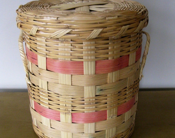 LARGE Hand Woven Basket With Lid Split Reed Striped Basket 14 Tall U