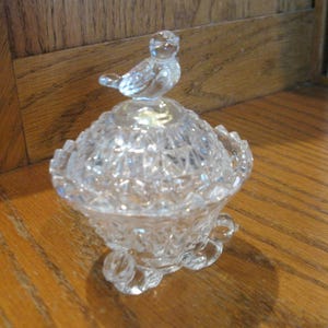 BIRD finial clear lead crystal trinket dish -West Germany -Hofbauer the Byrdes Collection -1980s ring box- lidded storage jar -EXCELLENT