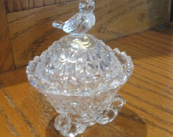 Plato decorativo de cristal de plomo transparente con remate de pájaro - Alemania Occidental - Colección Hofbauer The Byrdes - Caja para anillos de los años 80 - Tarro de almacenamiento con tapa - EXCELENTE