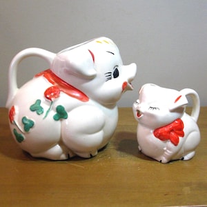 SET of 2 1940s / 50s SHAWNEE Smiley Pig pitchers -milk & cream pitcher -hand painted ceramic pottery - Made USA -retro -farmhouse kitchen