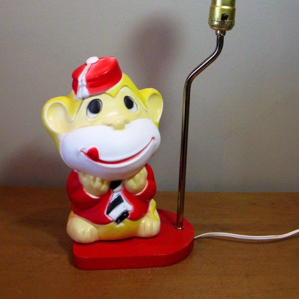 1973 Blow Mold Carolina Enterprises 11” MONKEY nursery lamp -yellow body -red suit -Shriners hat -child room- mid century -working condition