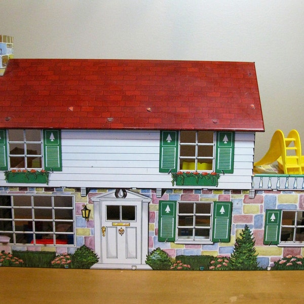 MARX- 1950s/60s 2 story dollhouse -42 pcs -vintage metal doll house -6 rooms -TONS of furniture -tin litho dollhouse- mid century doll house