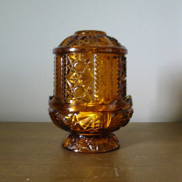 Large 1970s Indiana Glass FAIRY LAMP -AMBER glass votive candle holder- Stars & Bars -tea light holder -6 3/4" high x 4 1/2" diameter