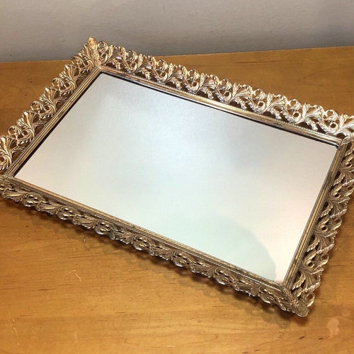 XL mirrored vanity tray- shiny gold filigree- perfume tray- picture frame -wall mirror -15" x 10"- gold filigree floral leaf scrolls