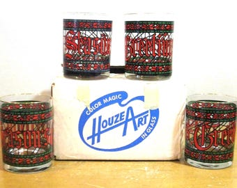 SET of 4 Houze stained glass SEASONS GREETINGS glasses 12 oz Tumblers in original box -cocktail -on the rocks- barware- holiday entertaining