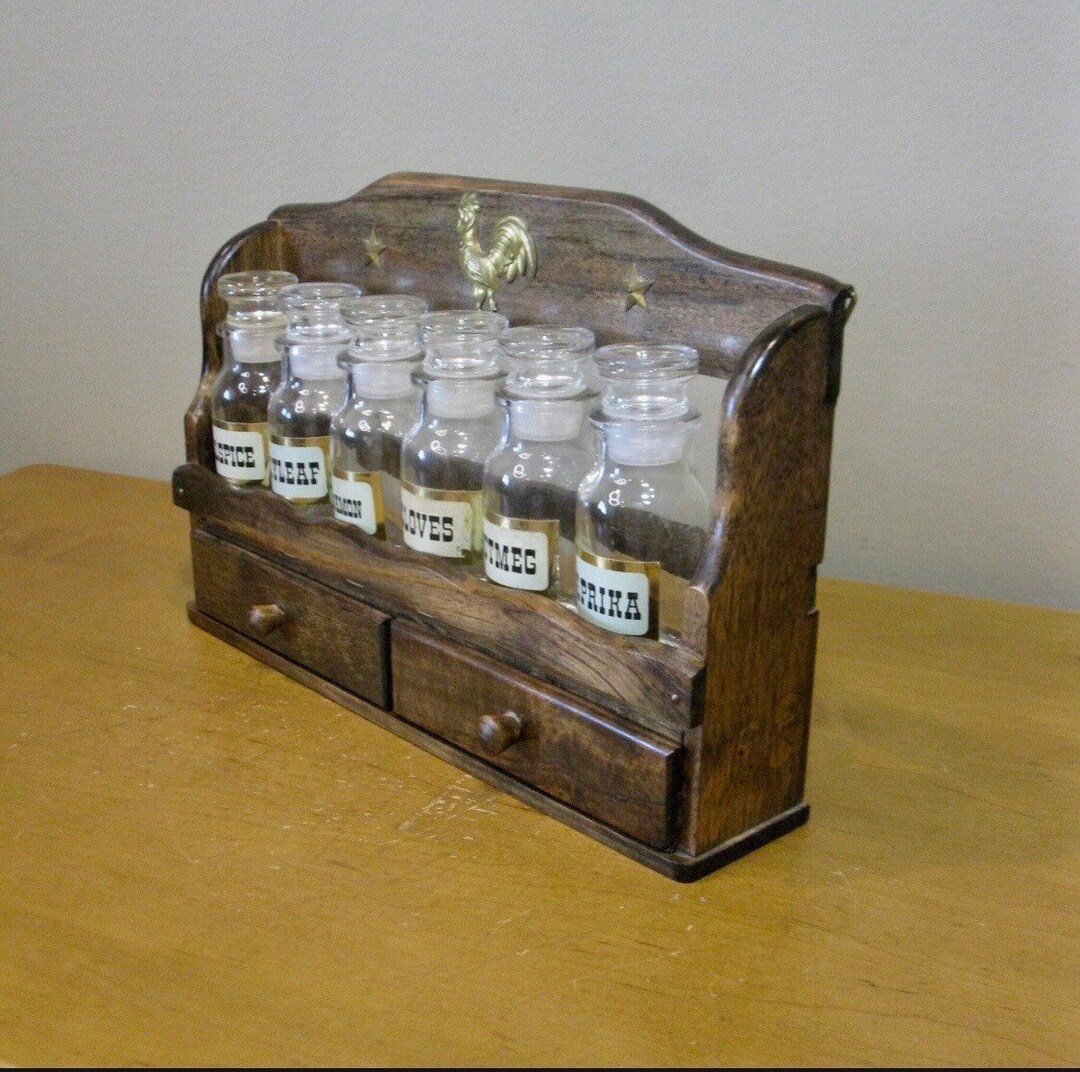1970s Wood Spice Rack W/ Drawers 6 Glass Apothecary Jars Rooster Theme Wall table Top spice