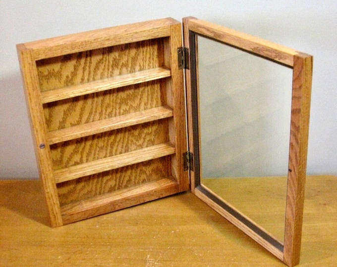 OAK Wood Wall Curio SHADOW BOX -13" X 11." - Hinged Glass Door -knick ...