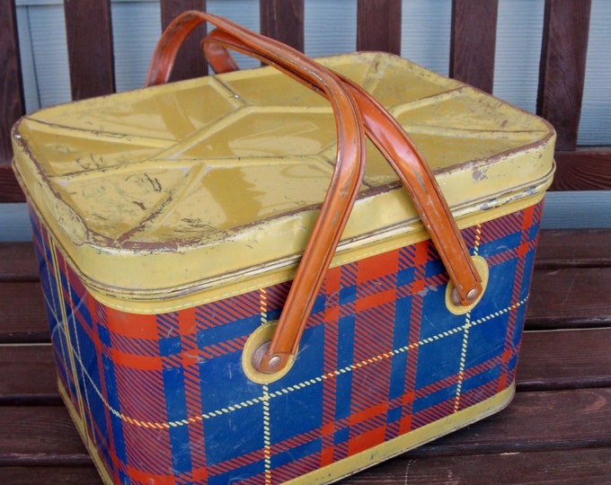 Vintage Metal Picnic Basket Picnic Hamper 1960s Navy/ Red Plaid Lidded