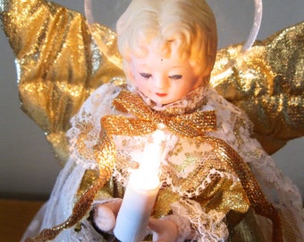 Vintage ANGEL TREE TOPPER -w/ halo -porcelain head -hands- 10 light -Blinking -Christmas tree ornament -holiday -1970s -retro- lighted angel