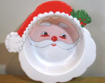 Vintage SANTA Head serving bowl -hard plastic -Ullman Party Server retro snack bowl -holiday serving -chips -pretzels- cookies -preowned