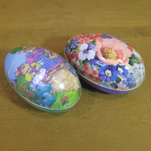 Set of 2 Vintage Tin litho EASTER EGGS- 5"L x 3"W -Hershey Foods -Hallmark -metal Easter Egg -candy containers -Candy egg tin- Easter gift