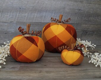 Set of 3 Orange and Red Plaid Pumpkins
