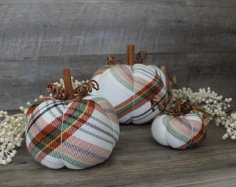 Set of 3 White Green and Rust Plaid Pumpkins