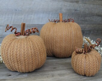 Set of 3 Brown Sweater knit pumpkins