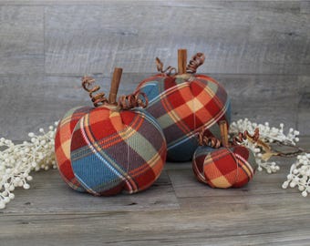 Set of 3 Teal and Orange Plaid Pumpkins