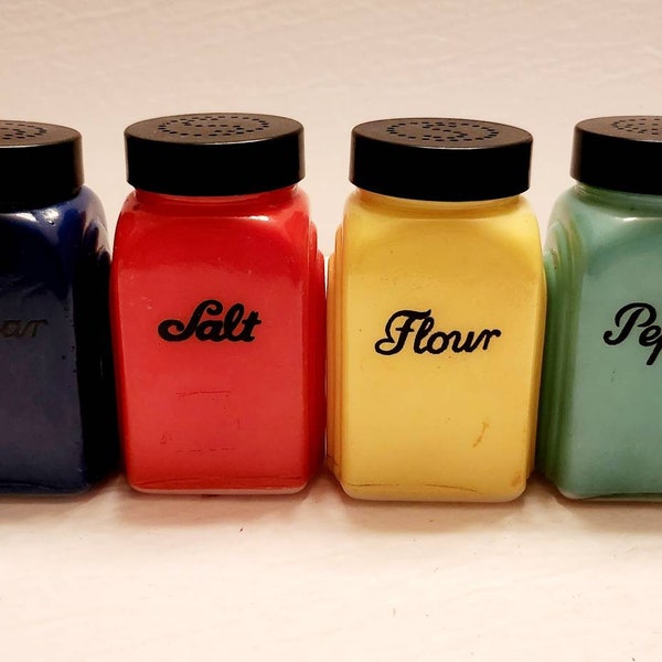 Vintage McKee 4 PC Fired-On Colors Art Deco Roman Arch Salt, Pepper, Sugar & Flour Shakers Set -- #27057