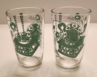 Vintage Set Of (2) Green Coffee Grinders Design Swanky Swig Juice Glasses -- #27084A