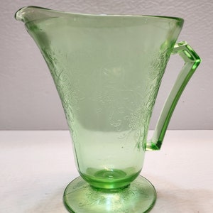 Elegant Green Depression Glass Floral Design Pitcher -- #29231