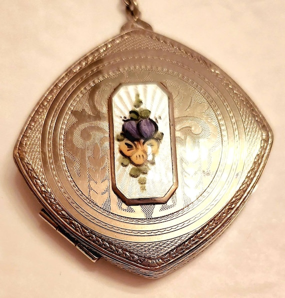 Antique Silver Tone Finger Ring Compact: Floral Enamel Design 