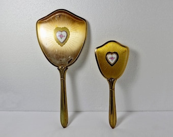 Vintage Mirror Brush Set, Vintage Handheld Mirror, Hand Mirror, Gold Mirror Hair Brush, Vanity Mirror Brush, Beveled Mirror, Bevelled Mirror