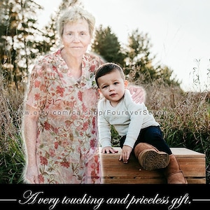 May include: A digital illustration of a grandmother and grandson. The grandmother is wearing a floral dress and the grandson is wearing a white shirt and blue pants. The image is a touching and priceless gift.