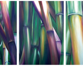 May include: A close-up of a painting depicting a cluster of bamboo stalks. The stalks are painted in shades of green, purple, and yellow, creating a vibrant and textured effect.