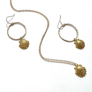 May include: A gold necklace and earrings set featuring a seashell pendant and a circle design. The necklace has a delicate chain and the earrings are hoop style.