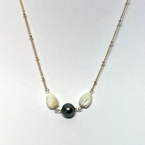 Bloom from the ashes Mother of pearl pikake and Tahitian pearl necklace