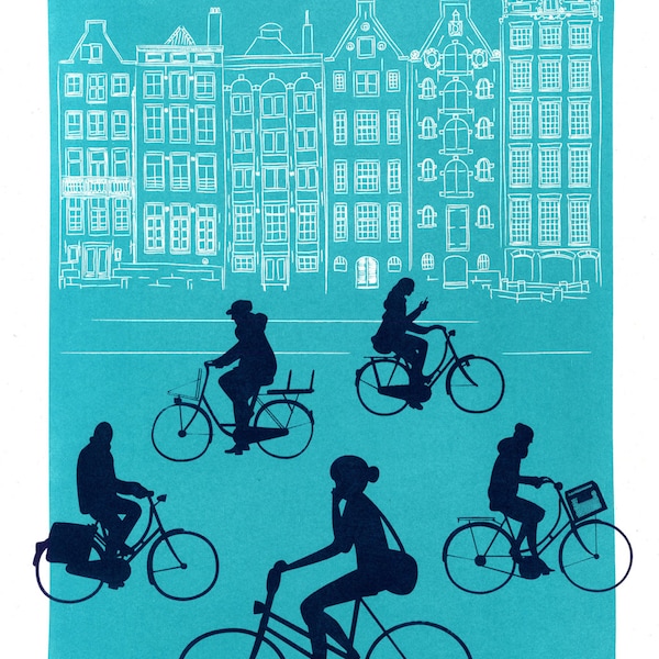 Amsterdam Cyclists Print, Limited Edition Hand Crafted Silkscreen (Screen Print), Aqua & Purple on Heavyweight stock.