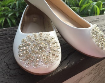 Zapato de boda plana, zapato blanco novia boda, Rhinestone Appliqué zapato