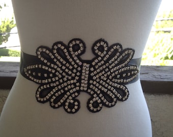 Bridal Sash ,Beaded Sash Big Bridal Black Sash,Wedding Belt Sash Crystal,Black,Unique Sash