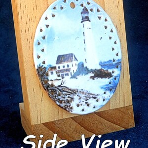 Connecticut Light House, collectible on ceramic gloss art, mounted on finished gloss wood