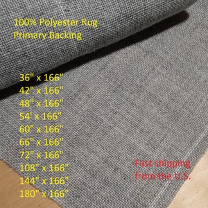 May include: Gray polyester rug with primary backing. The image shows various sizes, including 36" x 166", 42" x 166", and up to 180" x 166". The text indicates the rug is made of 100% polyester.