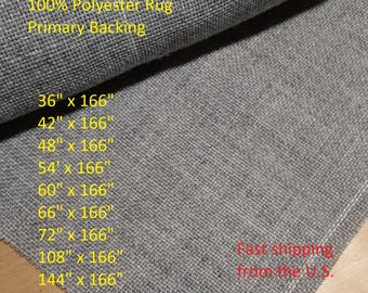 May include: Gray polyester rug with primary backing. The image shows various sizes, including 36" x 166", 42" x 166", and up to 180" x 166". The text indicates the rug is made of 100% polyester.