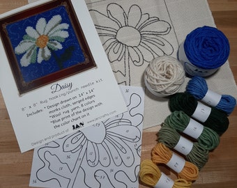 Rug Hooking/punch needle Kit on Monks Cloth - DAISY 8" x 8"