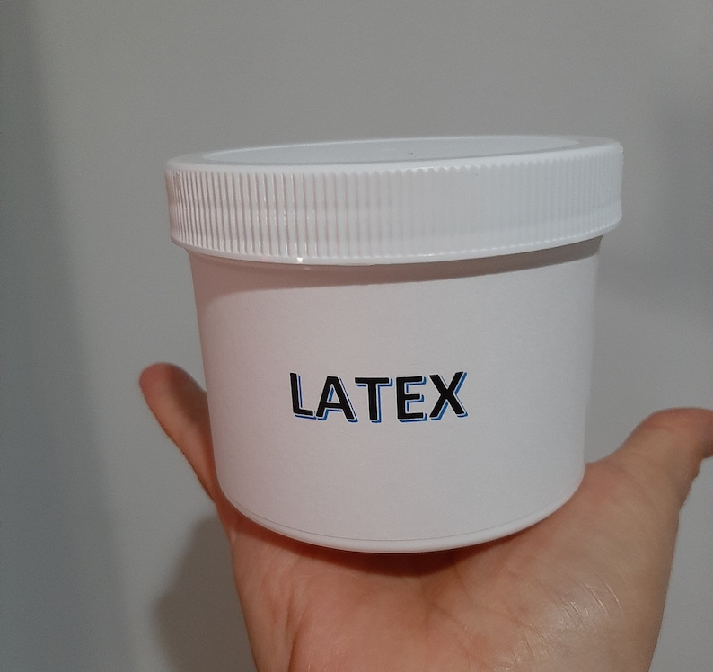 May include: White plastic container with a screw-on lid. The container has the word "LATEX" printed on the front.