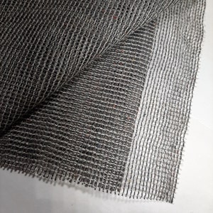 May include: A close-up of a gray, woven mesh fabric. The fabric has a slightly textured surface and is folded in half.