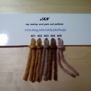 May include: A card with five yarn samples in different shades of brown, beige, and pink. The card is labeled "JAN rug making wool yarn and patterns www.etsy.com/shop/JanRugs 401 402 403 404 405"