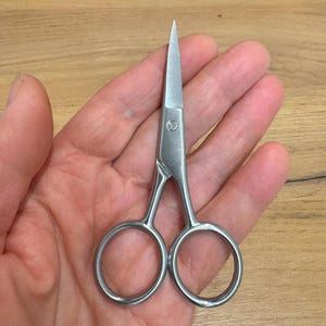 May include: A pair of small, silver-colored scissors with rounded tips. The scissors are held in a hand, with the blades open.