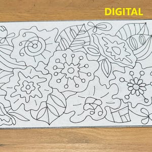 Peut inclure: Un dessin au trait noir et blanc d'un motif floral avec des feuilles et des fleurs. Le motif est complexe et détaillé, avec une variété de formes et de tailles. Le mot "DIGITAL" est écrit en jaune en haut de la page.