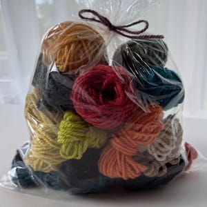 May include: A clear plastic bag filled with multiple small, round balls of yarn in various colors including red, orange, yellow, lime green, dark blue, and beige. The bag is gathered at the top and tied shut with a thin, dark brown yarn string.