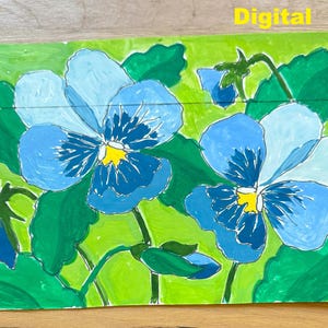 Peut inclure: Une peinture de pensées bleues et vertes avec des feuilles vertes sur un fond vert. Le mot "Digital" est écrit en jaune en haut de la peinture.