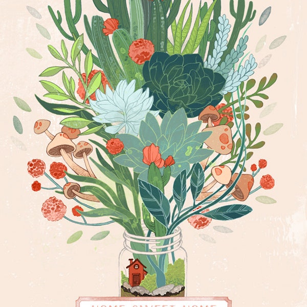 Terrarium Illustration Succulent Cactus Drawing Digital Art Mason Jar Home Sweet Home Wall Art