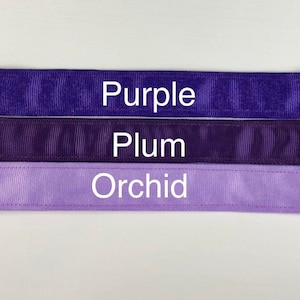 Three different shades of purple ribbon, labeled "Purple", "Plum", and "Orchid".