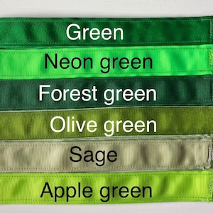 Six different shades of green ribbon, labeled from top to bottom: Green, Neon green, Forest green, Olive green, Sage, Apple green.