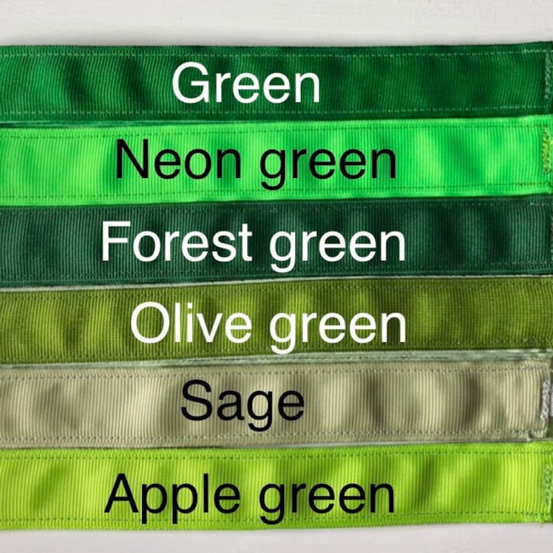 Six different shades of green ribbon, labeled from top to bottom: Green, Neon green, Forest green, Olive green, Sage, Apple green.