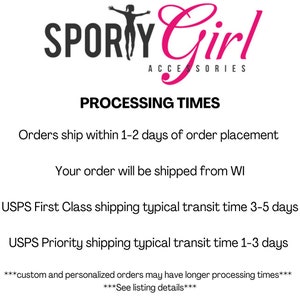 A pink and black logo for a business called "SPORTY Girl ACCESSORIES". The text "PROCESSING TIMES" is below the logo. The text below that reads "Orders ship within 1-2 days of order placement. Your order will be shipped from WI. USPS First Class shipping typical transit time 3-5 days. USPS Priority shipping typical transit time 1-3 days.