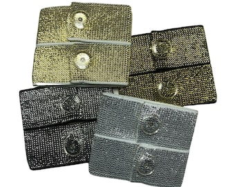Clips elásticos para mangas de camisa, de color dorado o plateado metalizado, con broches de presión.