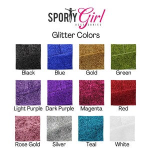 Image showcasing a color chart of glitter options. The chart includes black, blue, gold, green, light purple, dark purple, magenta, red, rose gold, silver, teal, and white. The text "Glitter Colors" is displayed above the color swatches.